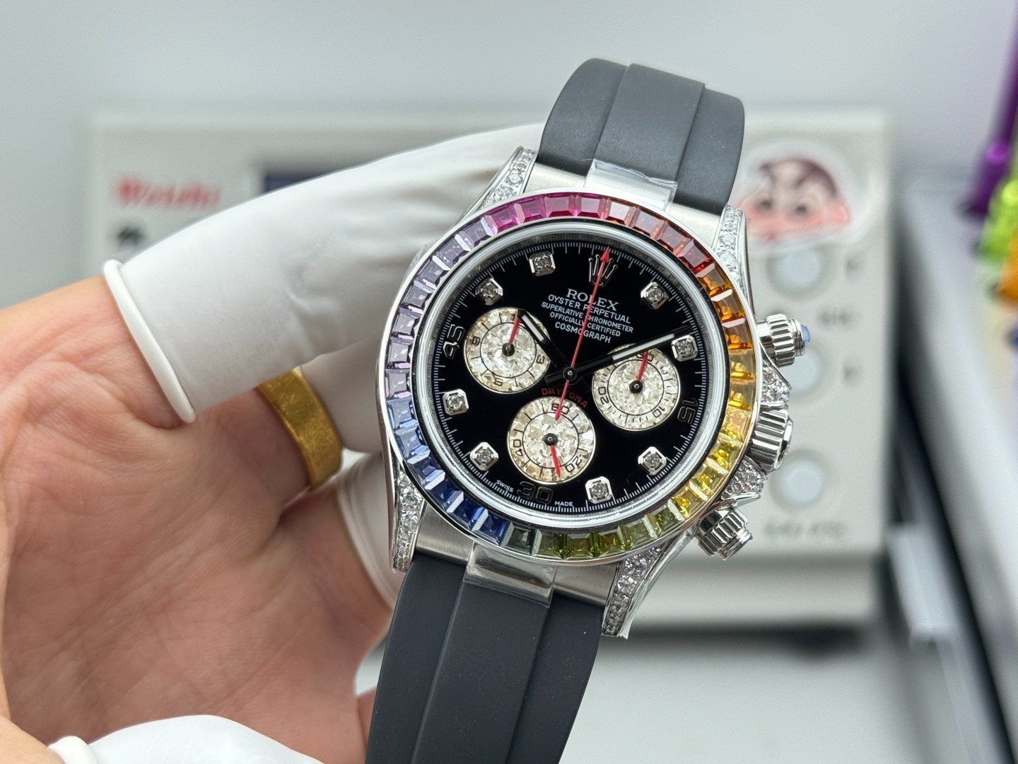 Daytona Rainbow · Acero · esfera negra con diamantes